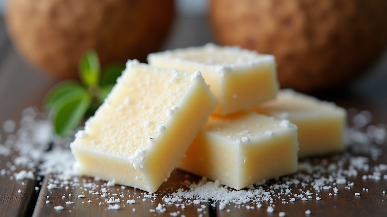 Creamy coconut candy, fresh coconut, professional photography, 8K, sharp focus, natural lighting, Cocada cremosa com coco ralado fresco.