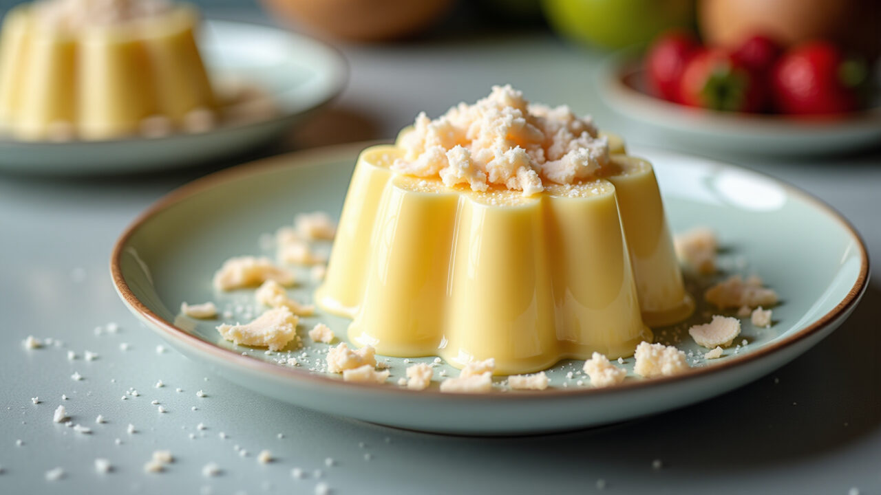 Creamy coconut gelatin, tropical dessert, coconut flakes, white chocolate, Brazilian table setting, Gelatina cremosa de coco com raspas de chocolate branco.