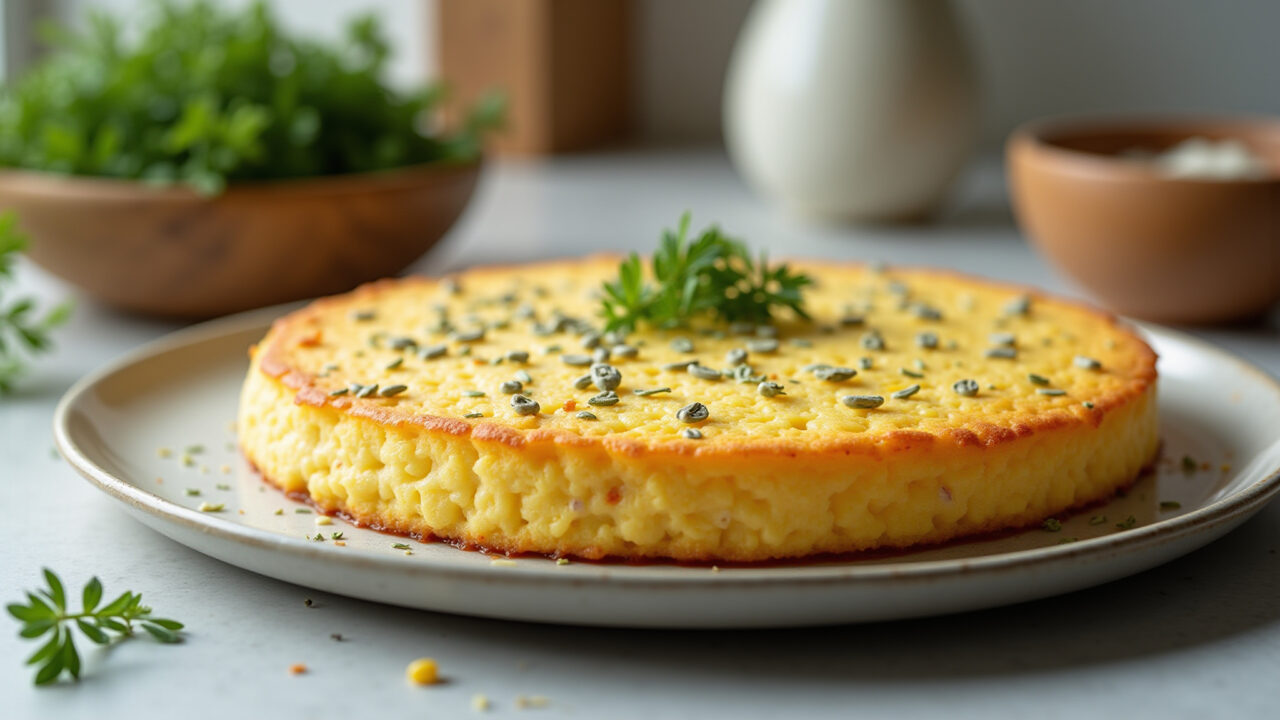 Creamy corn cake with fennel seeds, aromatic herbs, bright and airy kitchen, natural light, 8K Bolo cremoso de milho com erva doce.