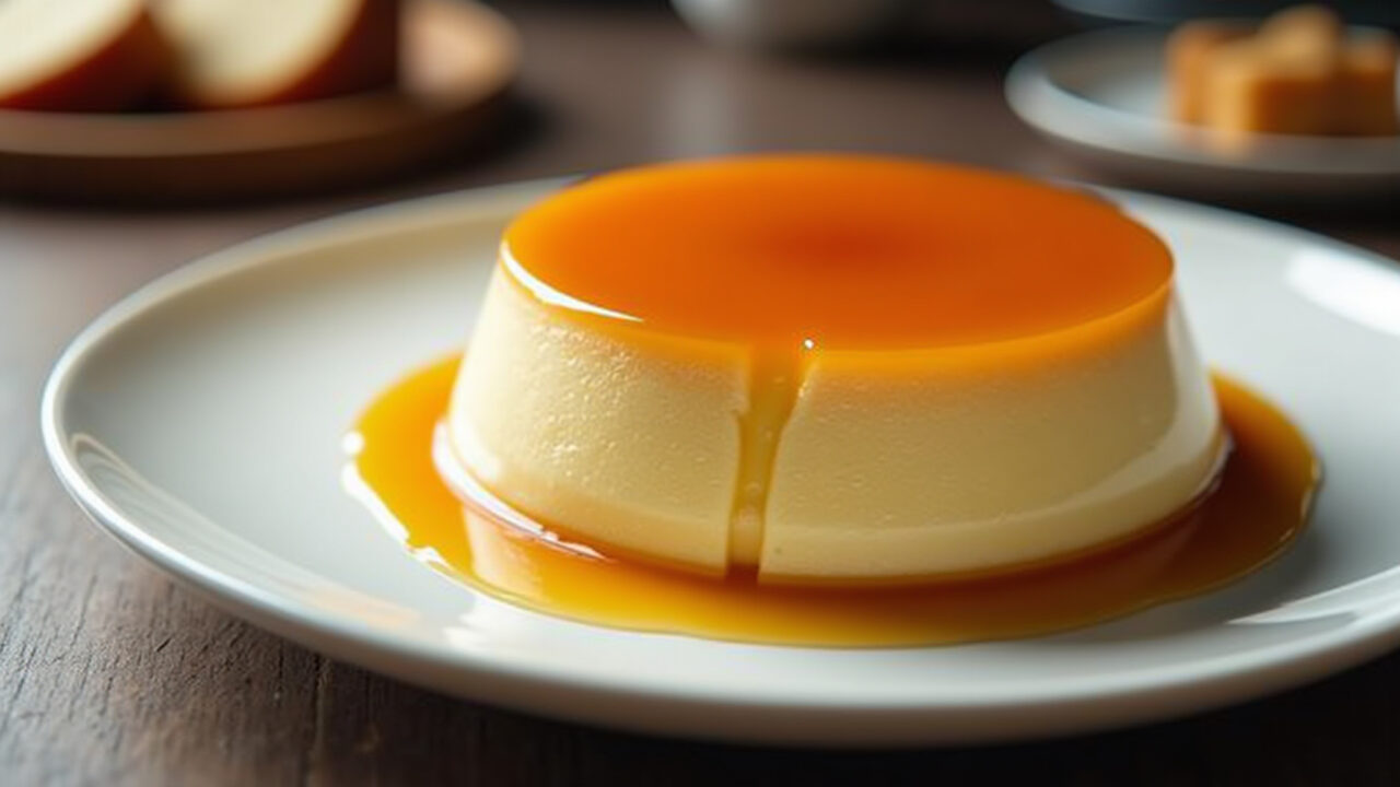Creamy flan, golden caramel, professional photography, 8K, sharp focus, natural lighting, kitchen Pudim de leite condensado cremoso com caramelo dourado.