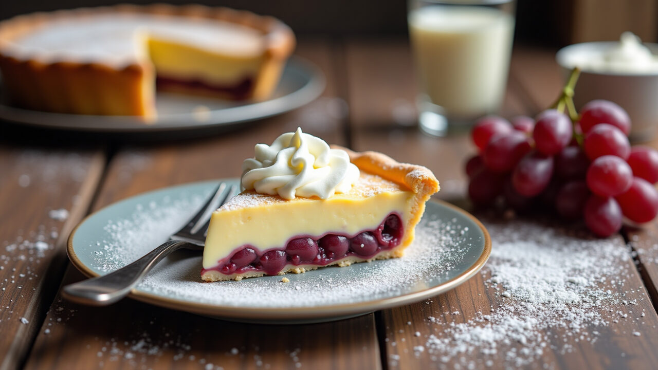 Creamy grape pie slice, rustic table, fresh grapes, powdered sugar, natural light, 8K quality, Fatia de torta cremosa de uva com uvas frescas.