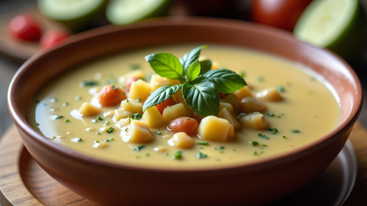 Creamy heart of palm soup, bowl, professional photography, 8K quality, natural lighting, brazilian Sopa de palmito cremosa com creme de leite light.