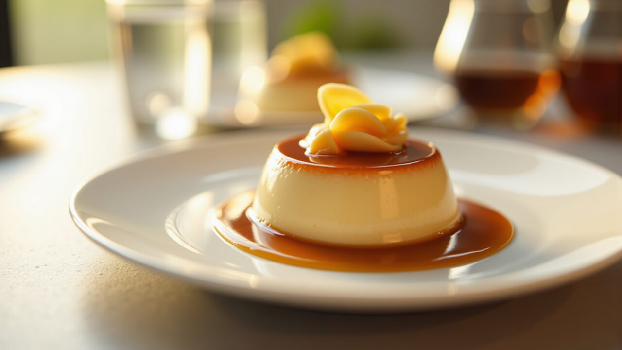 Creamy maizena pudding with caramel sauce, elegant dessert presentation, bright studio lighting, 8K Pudim de Maizena cremoso e econômico.
