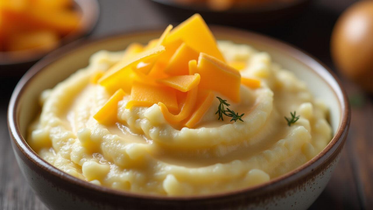 Creamy mashed potatoes with Gruyère cheese, close-up, warm lighting, professional photography, 8K Purê de batata cremoso com queijo Gruyère, textura irresistível.
