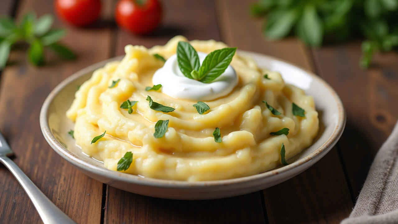 Creamy mashed potatoes with natural yogurt, parmesan cheese, Brazilian cuisine. Natural lighting, Purê de batata cremoso com iogurte natural e queijo parmesão.