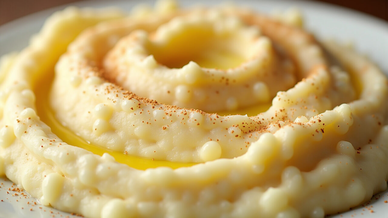 Creamy mashed potatoes with nutmeg, close-up, smooth texture, warm lighting, homemade, 8K quality, Purê de batatinha cremoso com noz-moscada, textura aveludada.