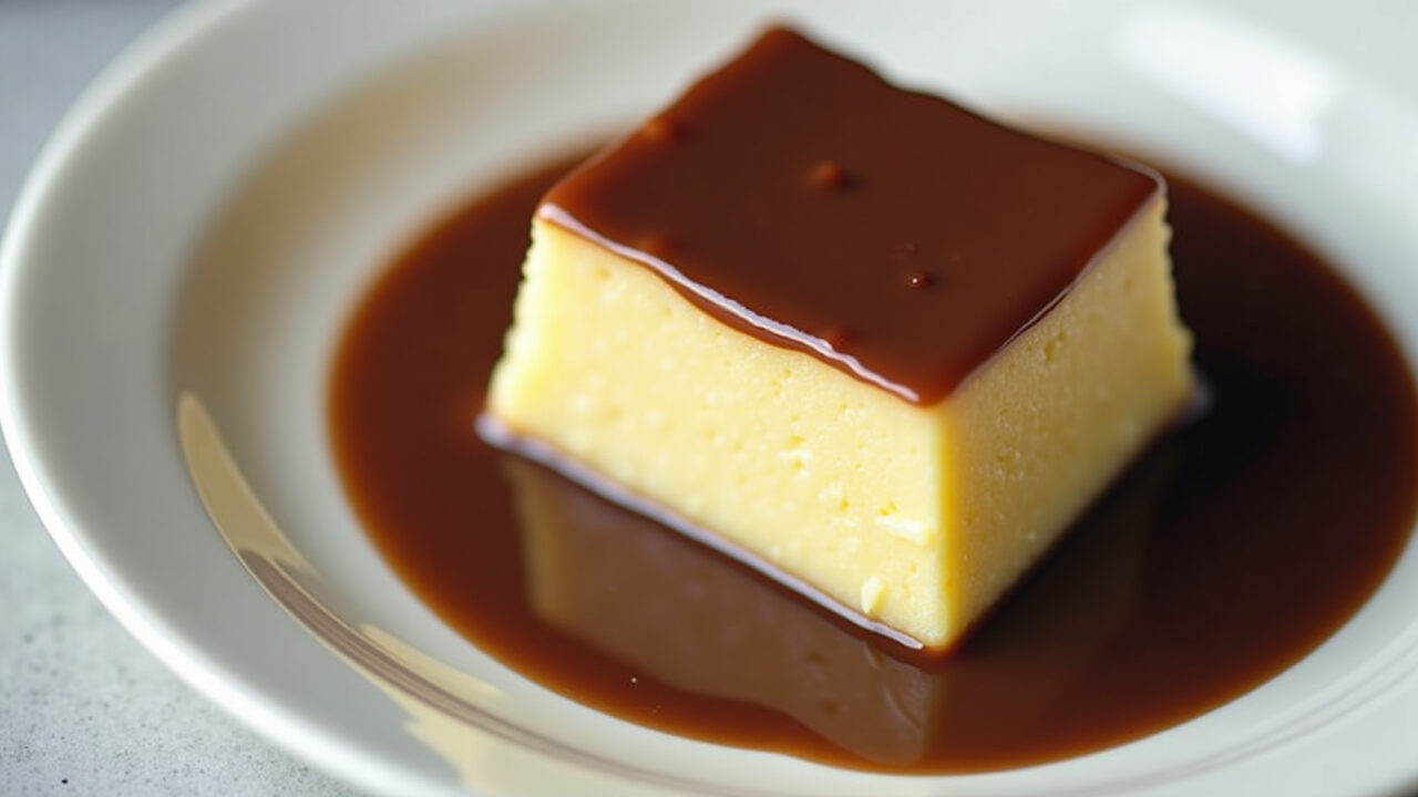 Creamy Nescau pudding, slice on a plate, chocolate sauce, 8K, professional photography, sharp Pudim de Nescau cremoso e delicioso.