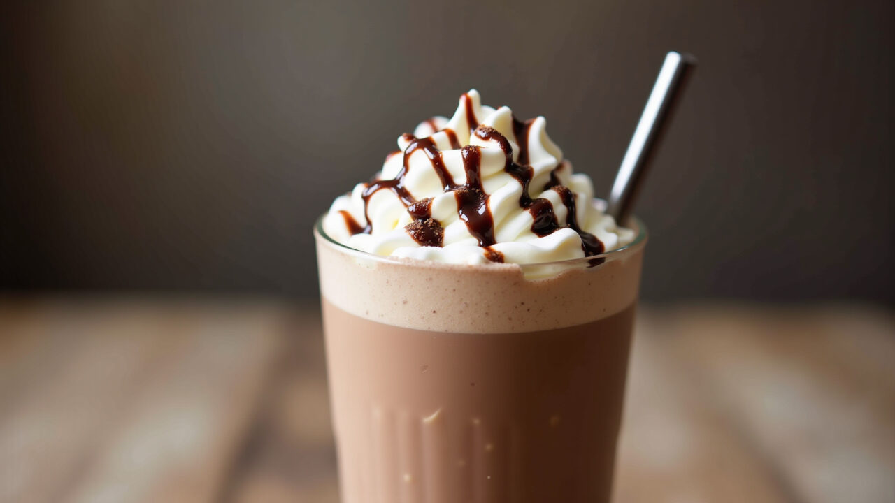 Creamy Nutella milkshake in a tall glass, topped with whipped cream and chocolate syrup. Milkshake de Nutella cremoso e refrescante.