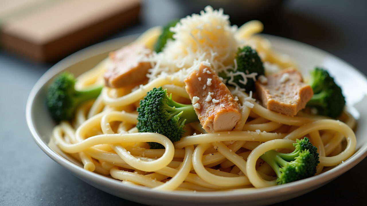 Creamy pasta with chicken and broccoli, gorgonzola cheese, professional photography, 8K quality, Macarrão cremoso com frango e brócolis, queijo gorgonzola.