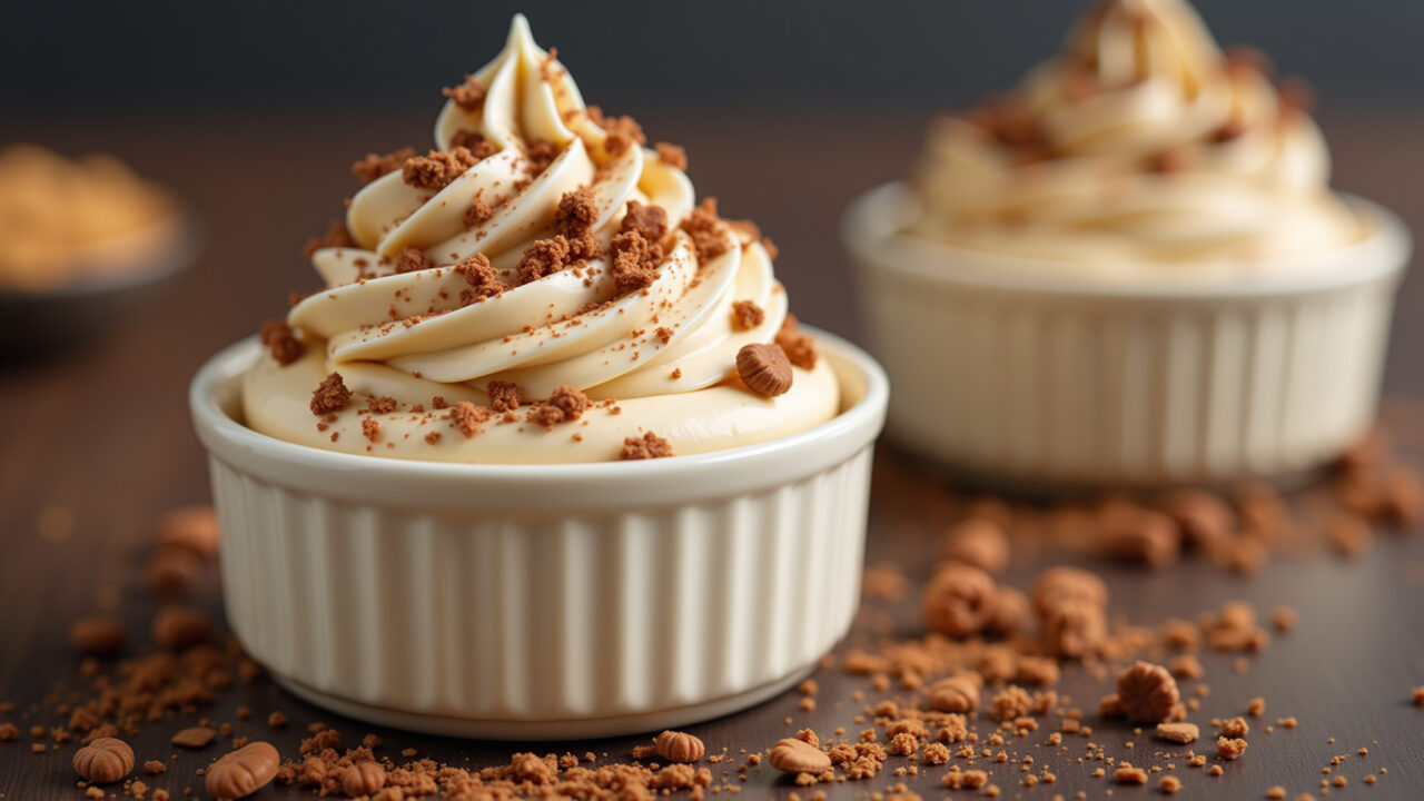 Creamy peanut butter mousse, chocolate shavings, professional photography, 8K quality, sharp focus, Mousse cremosa de pasta de amendoim com raspas de chocolate.