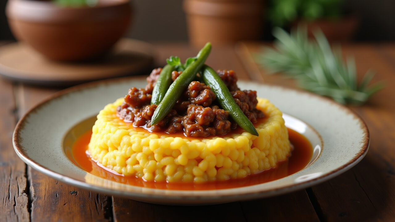 Creamy polenta topped with okra and ground beef, rustic setting, professional photography, 8K Quiabo com carne moída sobre polenta cremosa.