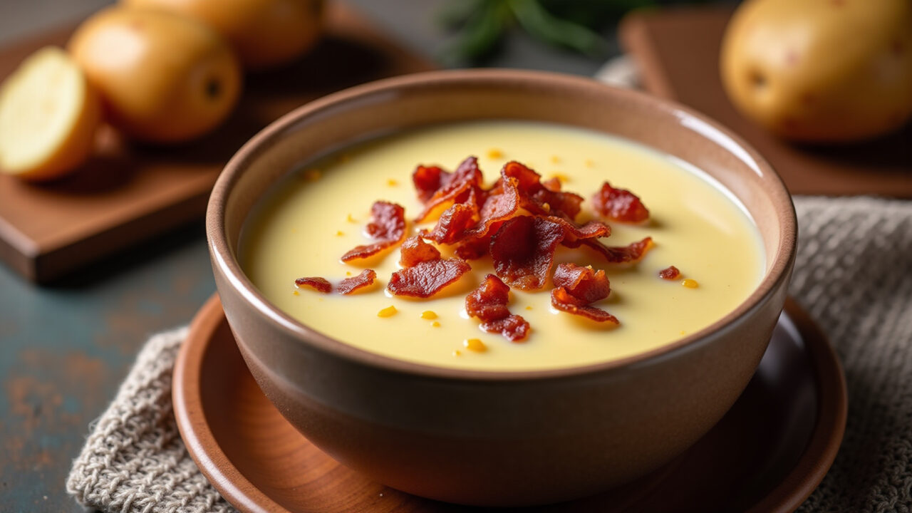 Creamy potato soup with bacon, warm bowl, cozy setting, winter food, 8K quality, professional Sopa cremosa de batata com bacon, um abraço quente em dias frios.