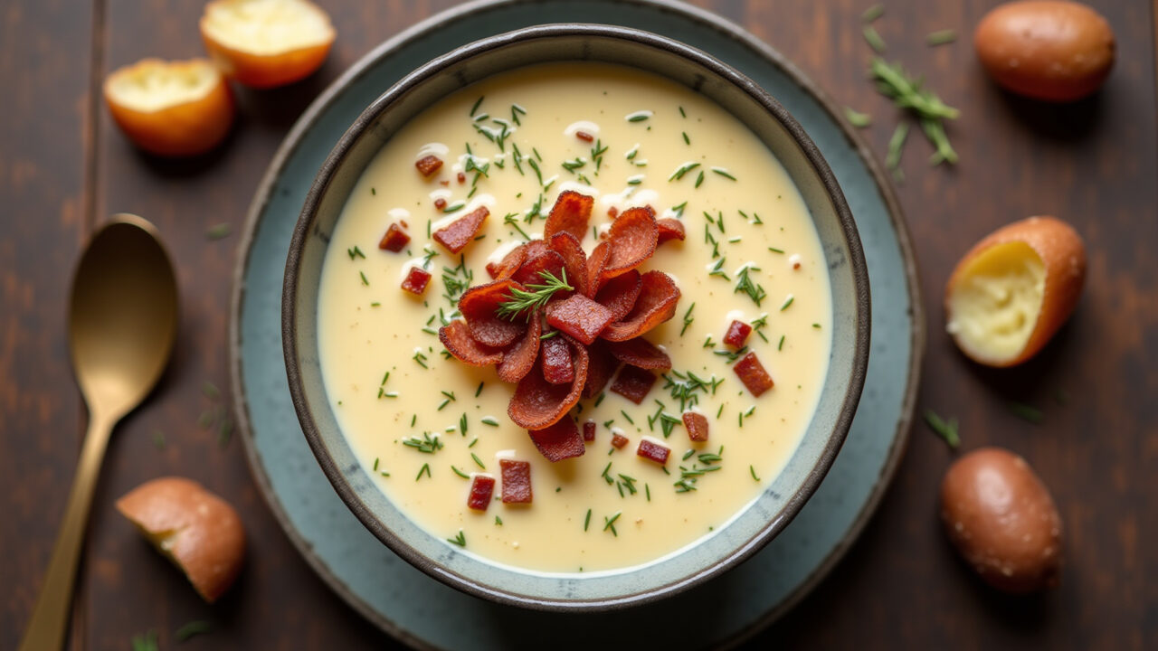 Creamy potato soup with crispy bacon, top view, cozy atmosphere, professional photography, 8K Sopa cremosa de batata com bacon crocante, perfeita para aquecer.