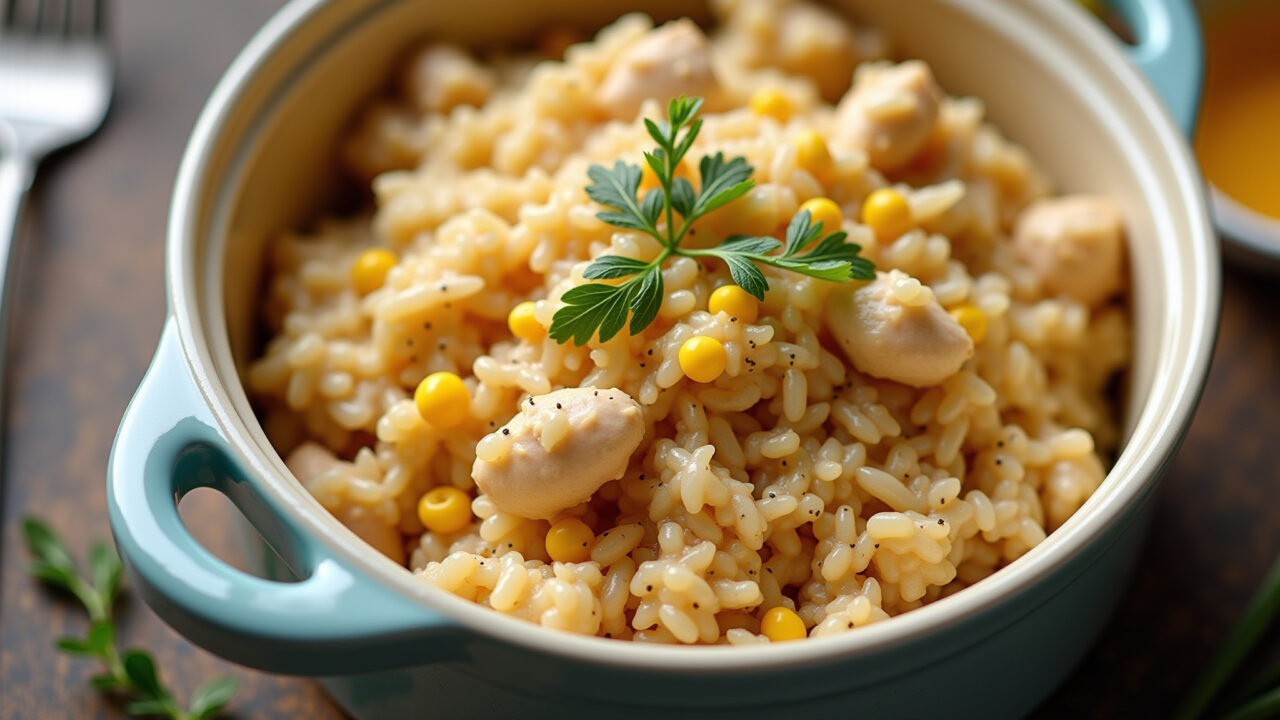 Creamy rice with chicken and corn, gratin, baking dish, top view, professional photography, 8K Arroz cremoso com galinha picada e milho.