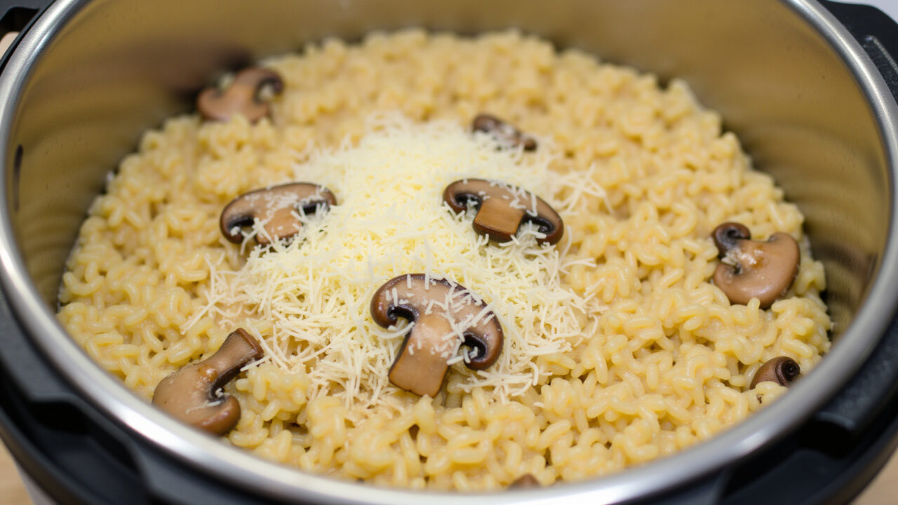 Creamy risotto with mushrooms, parmesan cheese, served in a pressure cooker. 8K quality, sharp Risoto cremoso com cogumelos e queijo parmesão.