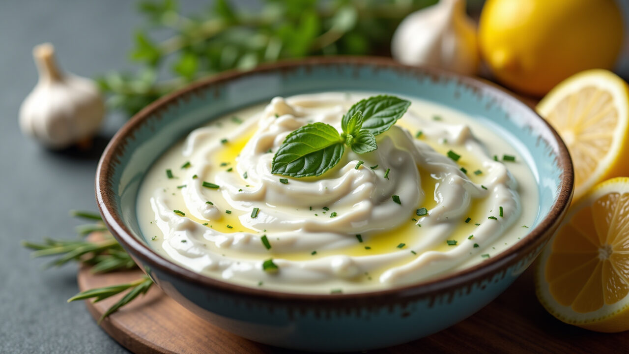 Creamy salad dressing with natural yogurt, lemon, olive oil, garlic. Fresh herbs. Natural lighting, Molho cremoso de iogurte natural para salada com limão e ervas frescas.