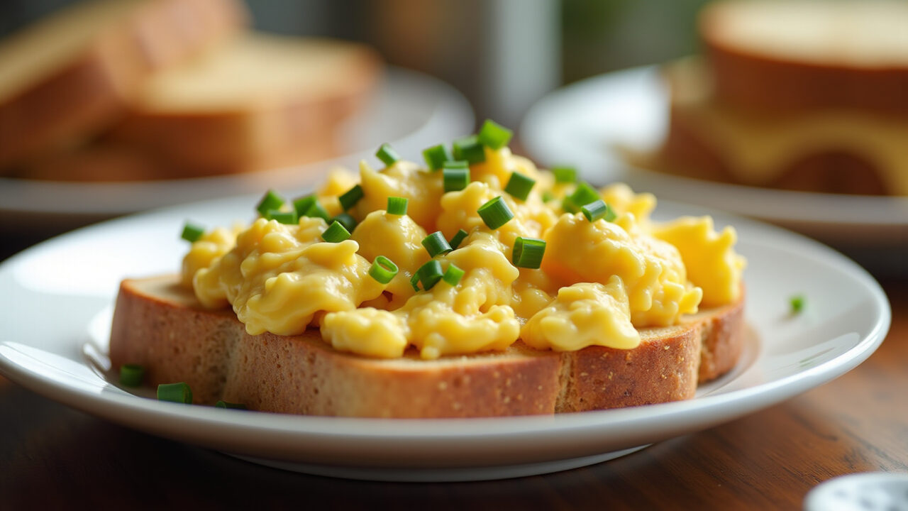 Creamy scrambled eggs with chives on toast, side view, natural light, breakfast setting, 8k, Ovos mexidos cremosos com cebolinha.