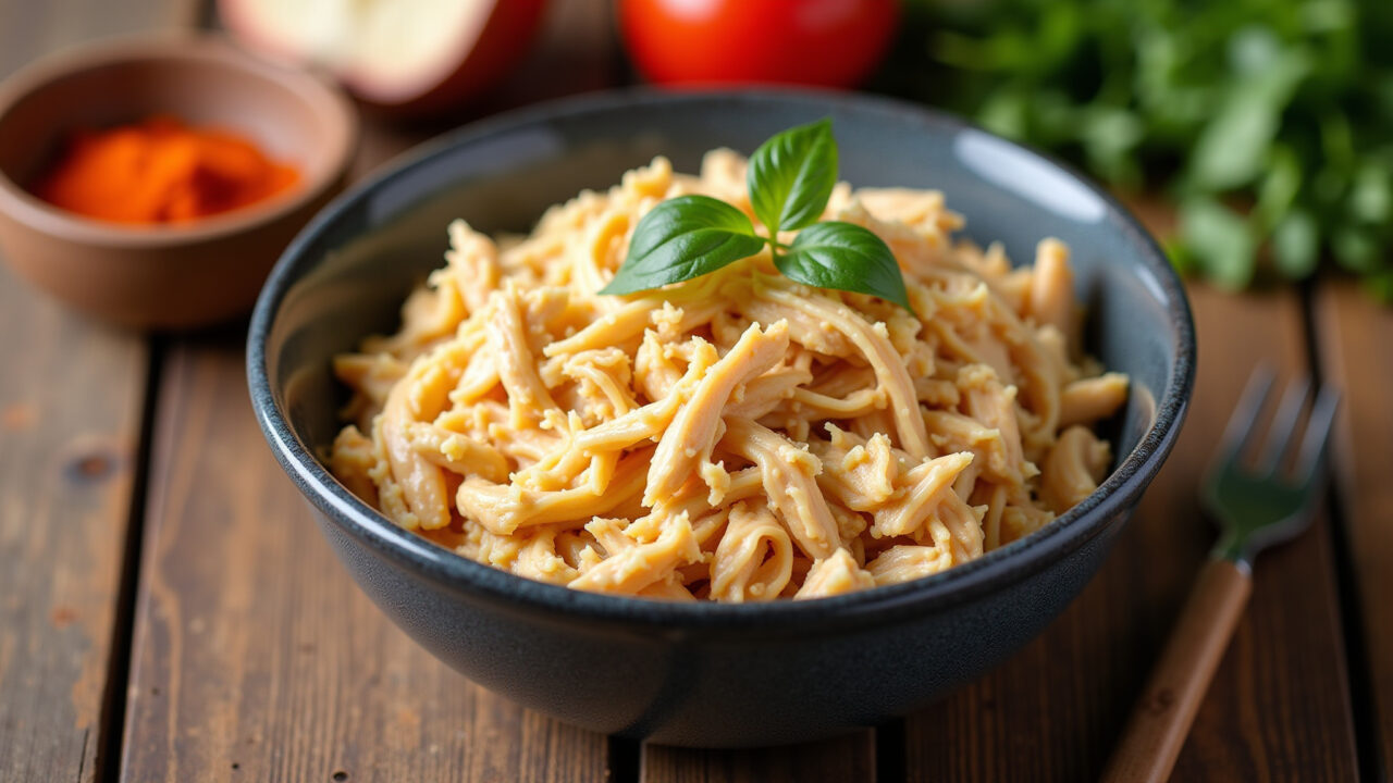Creamy shredded chicken filling in a bowl, rustic wooden table, Brazilian spices, vibrant colors, Frango desfiado cremoso para recheio.