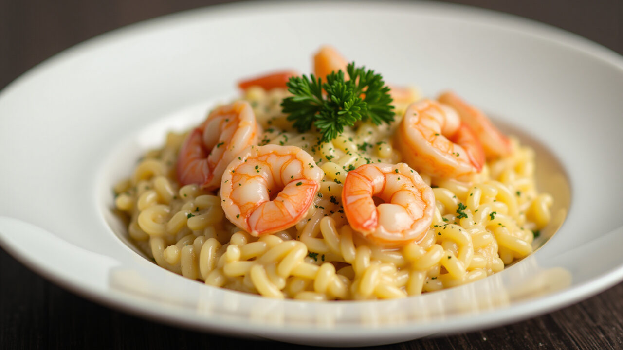 Creamy shrimp risotto, garnished with parsley, professional photography, 8K quality, sharp focus, Risoto de camarão cremoso com parmesão.