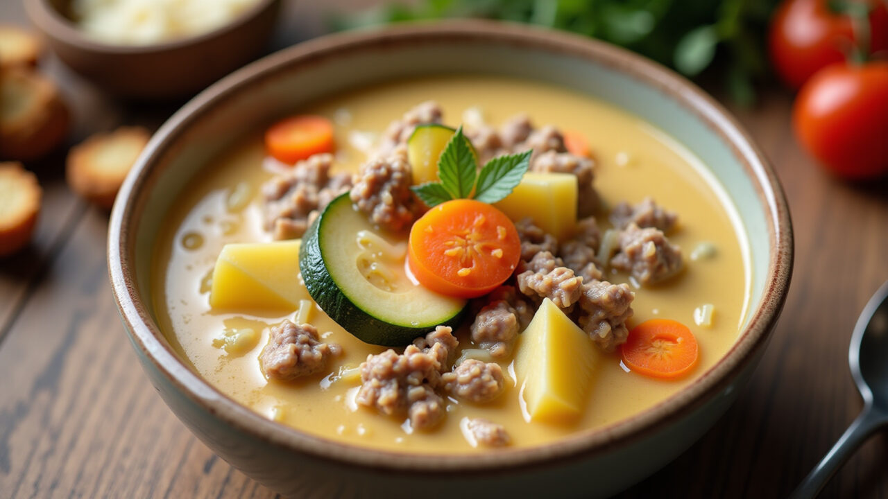 Creamy soup with shredded hamburger meat, carrots, potatoes, zucchini, served in a bowl, cheese, Sopa cremosa com carne de hambúrguer desfiada.