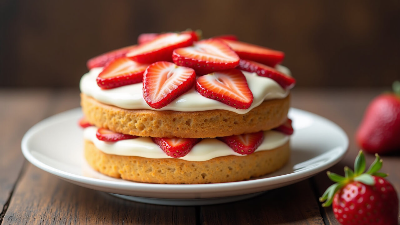 Creamy strawberry filling with condensed milk on a cake, professional photography, 8K, sharp focus, Recheio cremoso de morango com leite condensado em bolo.
