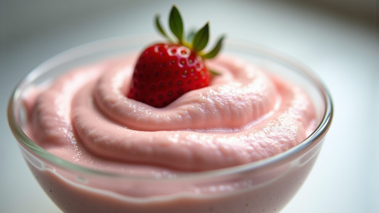 Creamy strawberry mousse in a glass bowl, close-up, bright and airy, professional photography, 8K Mousse cremosa de morango com leite condensado.