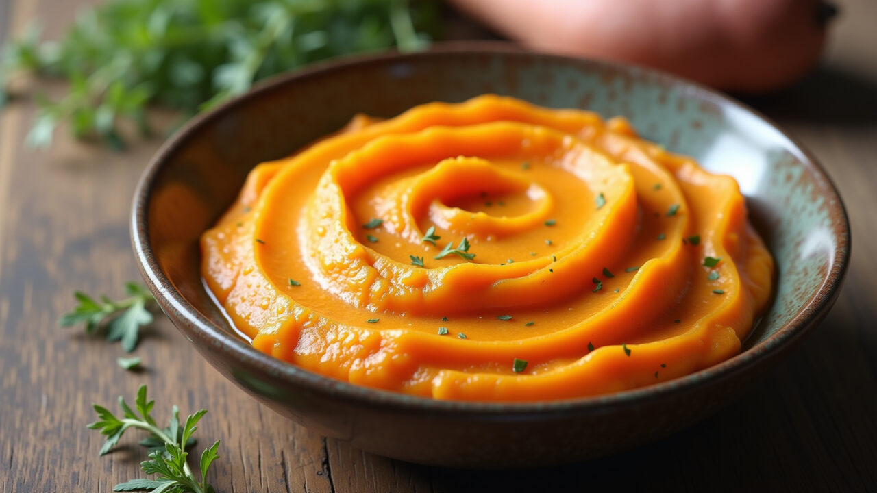 Creamy sweet potato puree, rustic wooden table, natural light, herbs, professional photography, 8K Purê de batata doce cremoso com ervas frescas.