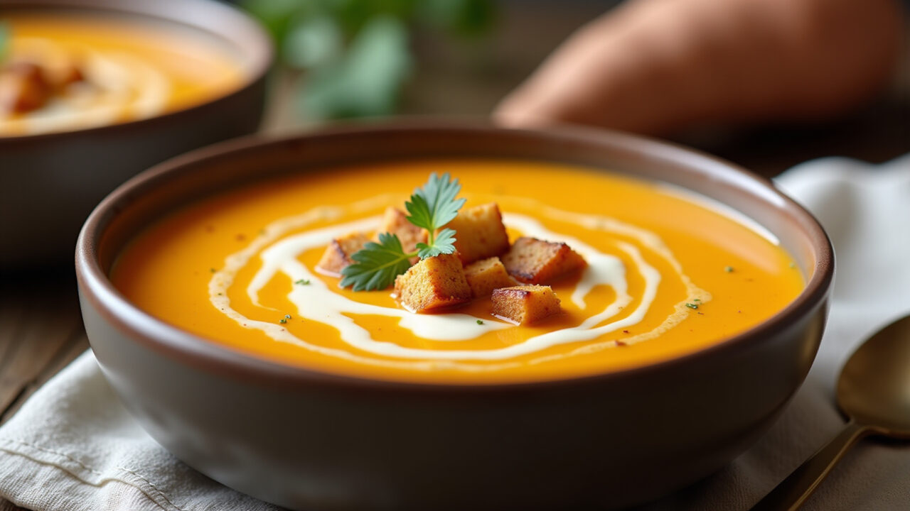 Creamy sweet potato soup, ginger, croutons, natural light, 8K quality, sharp focus, Sopa cremosa de batata doce com gengibre.