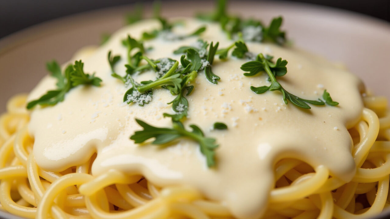Creamy white sauce with maizena over pasta, parmesan cheese, close-up, Italian cuisine, 8K quality, Molho branco cremoso com Maizena para massas.