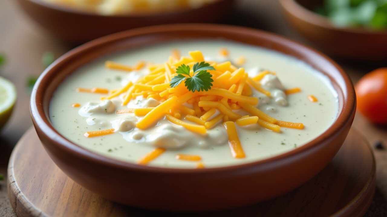 Creamy white sauce with melted cheese in a ceramic bowl, Brazilian style kitchen, professional Molho branco com queijo derretido.