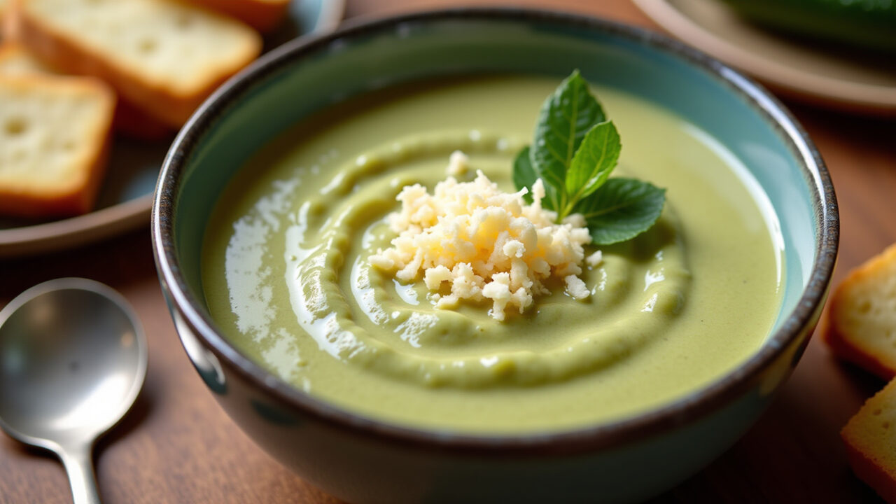 Creamy zucchini soup, bowl, croutons, grated cheese, warm, comforting, professional photography, 8K Sopa creme de abobrinha.