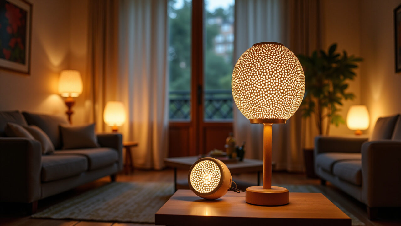 Creative aluminum can lamps, sustainable design, patterned light, Brazilian living room, 8K Luminárias criativas feitas com latas de alumínio.