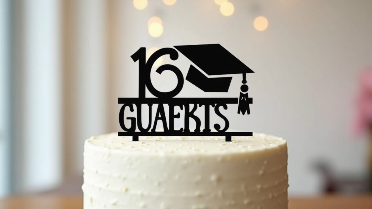 Creative graduation cake topper with the course symbol and graduate's name, celebratory setting, Topper de bolo criativo para formatura com símbolo do curso.