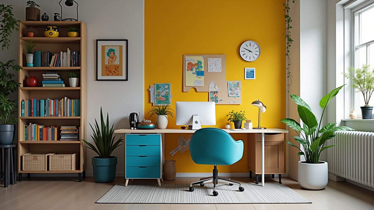 Creative modern office, unique decor, vibrant colors, recycled objects, personalized workspace, Escritório moderno e criativo com objetos inusitados e cores vibrantes.