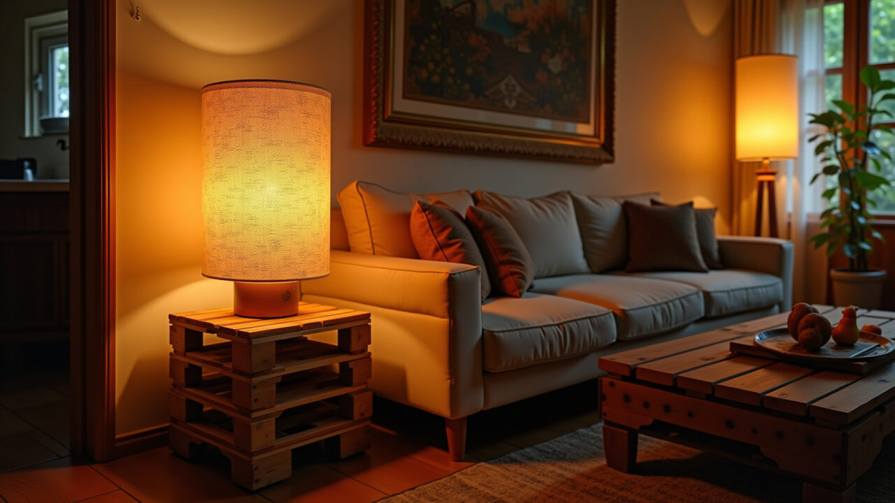 Creative pallet lamp, cozy living room, Brazilian style, warm light, professional photography, 8K Luminária criativa feita com paletes.