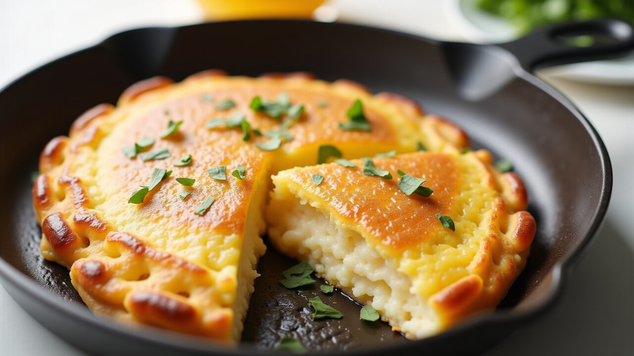 Crepioca with polvilho doce, cheese filling, frying pan, healthy breakfast, bright morning light, Crepioca com polvilho doce, rápida e saudável.