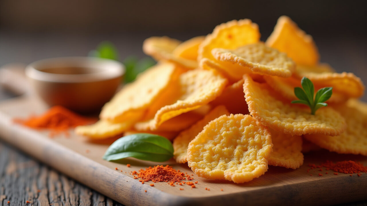 Crispy abobrinha chips, close-up, wooden board, spices, healthy snack, professional photography, 8K Chips de abobrinha crocantes e saudáveis.