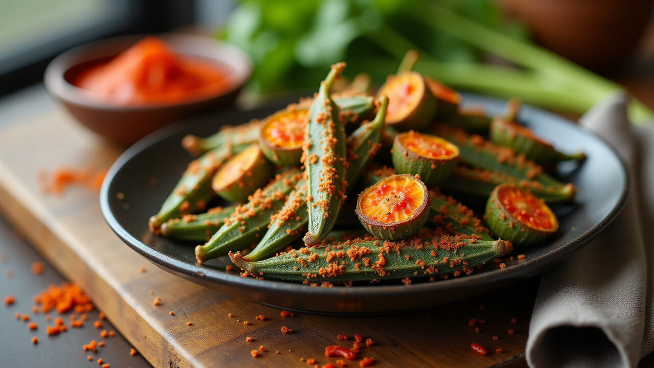 Crispy baked okra, vibrant spices, rustic wooden table, natural light, professional photography, 8K Quiabo assado crocante com especiarias.