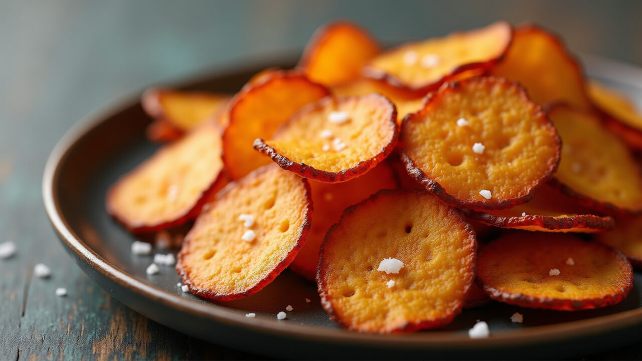 Crispy baked sweet potato chips, sea salt, rustic plate, natural lighting, 8K quality, sharp focus, Chips crocantes de batata doce assadas.