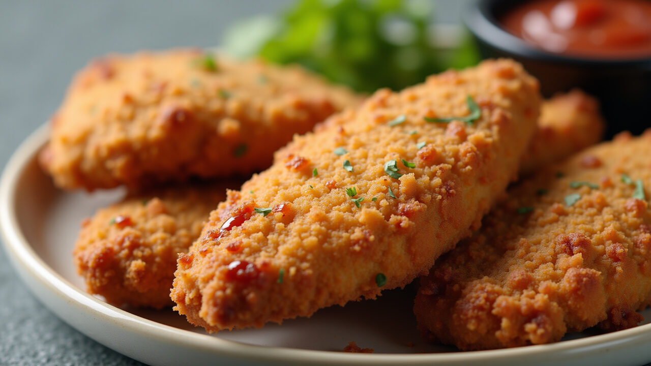 Crispy breaded chicken fillets, golden brown, Brazilian spices, dipping sauce, close-up, 8K Frango empanado crocante perfeito.