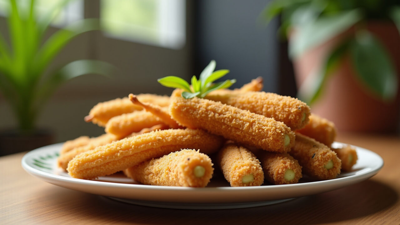 Crispy breaded okra, golden brown, served as appetizer, wooden table, natural light, 8K quality, Quiabo empanado crocante.