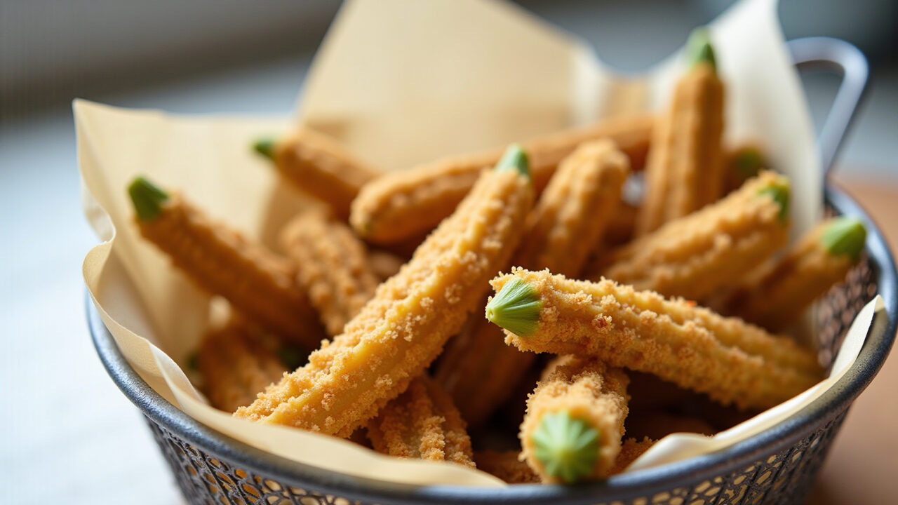 Crispy breaded okra in air fryer basket, golden color, close-up, kitchen background, natural light, Quiabo empanado e crocante feito na airfryer.
