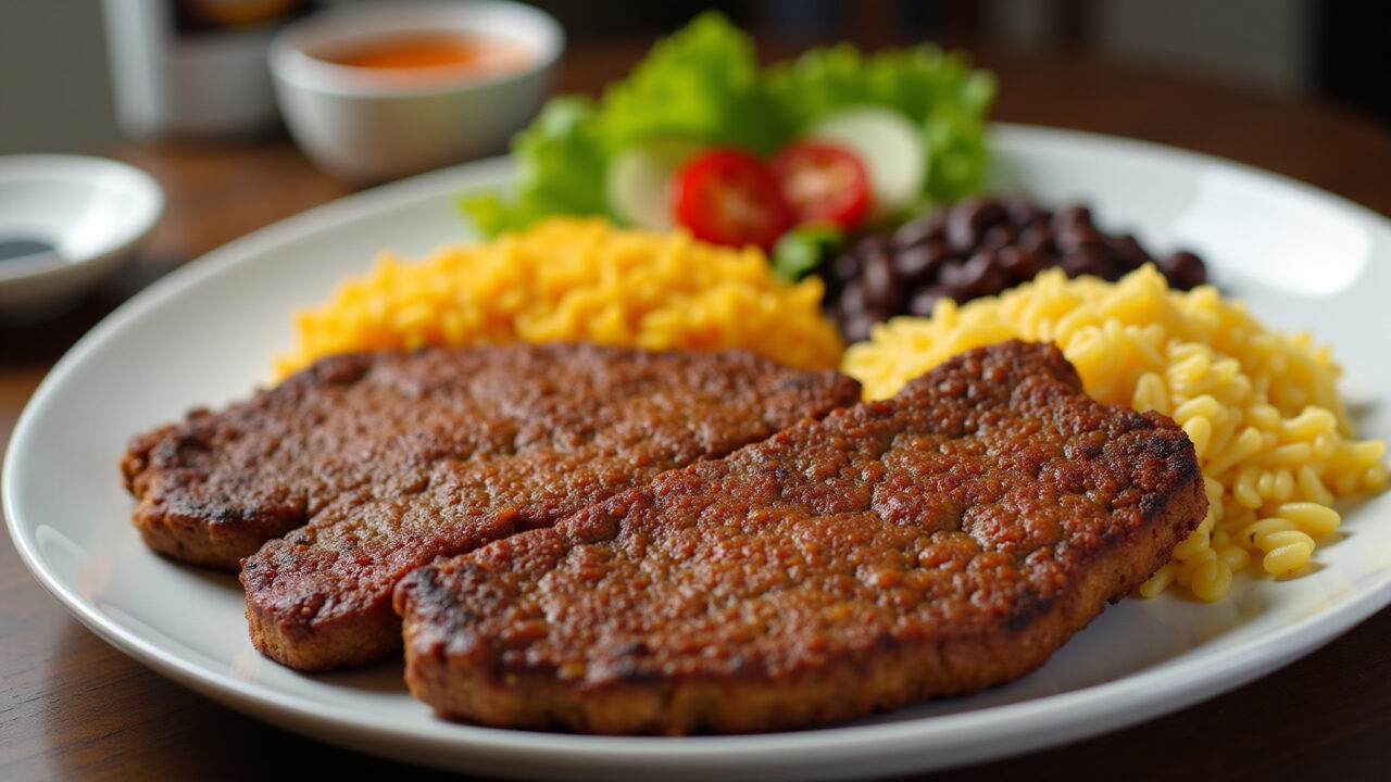 Crispy breaded steak, rice, beans, salad, professional photography, 8k quality, sharp focus, Bife à milanesa sequinho e crocante.