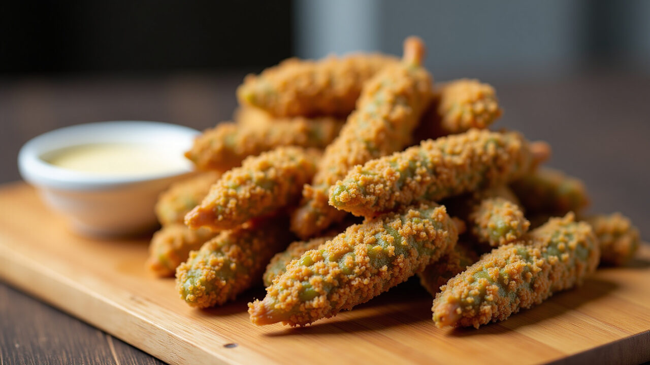 Crispy fried okra, golden brown, dipping sauce, wooden board, natural light, 8K, commercial Quiabo empanado crocante, petisco irresistível.