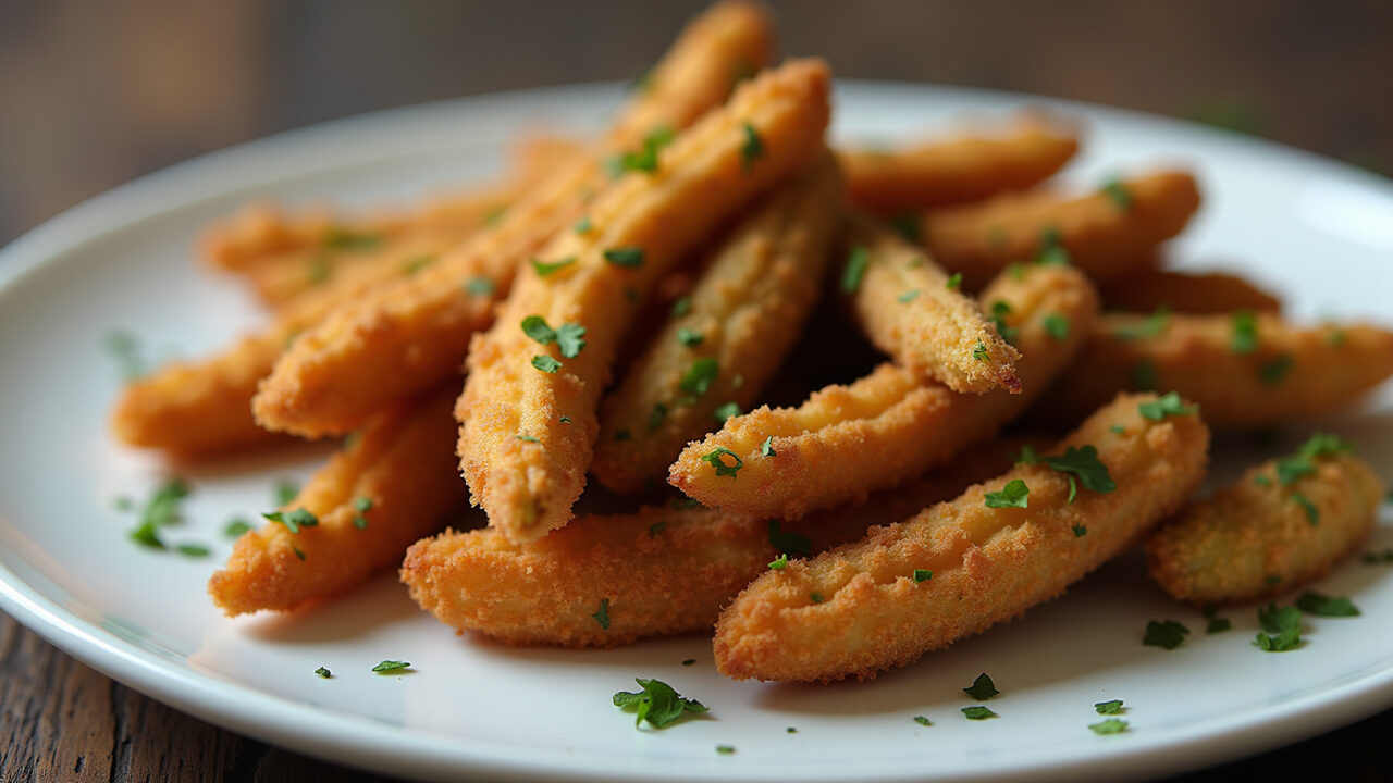 Crispy fried okra on a plate, golden brown, Brazilian spices, professional photography, 8K quality, Quiabo frito, crocante e saboroso.