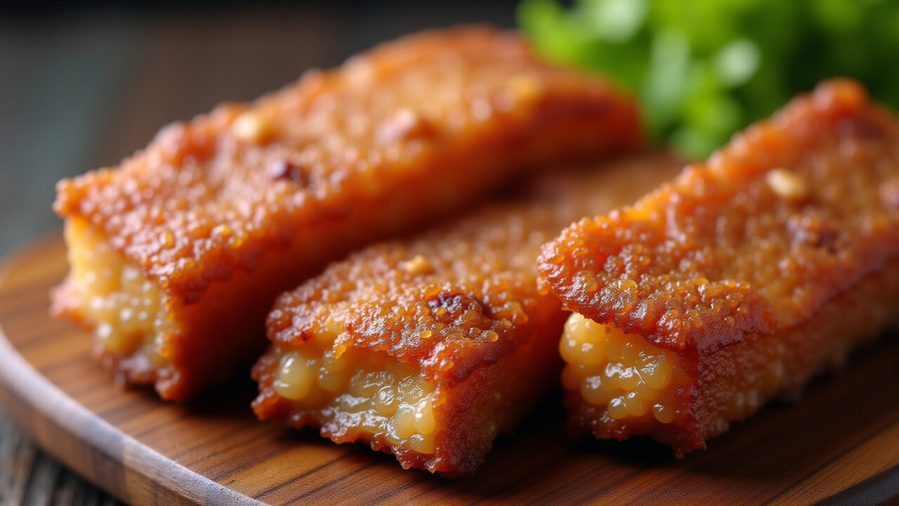 Crispy fried pork belly, golden brown, close-up, professional photography, 8K, sharp focus, Barriga de porco frita, crocante e dourada.