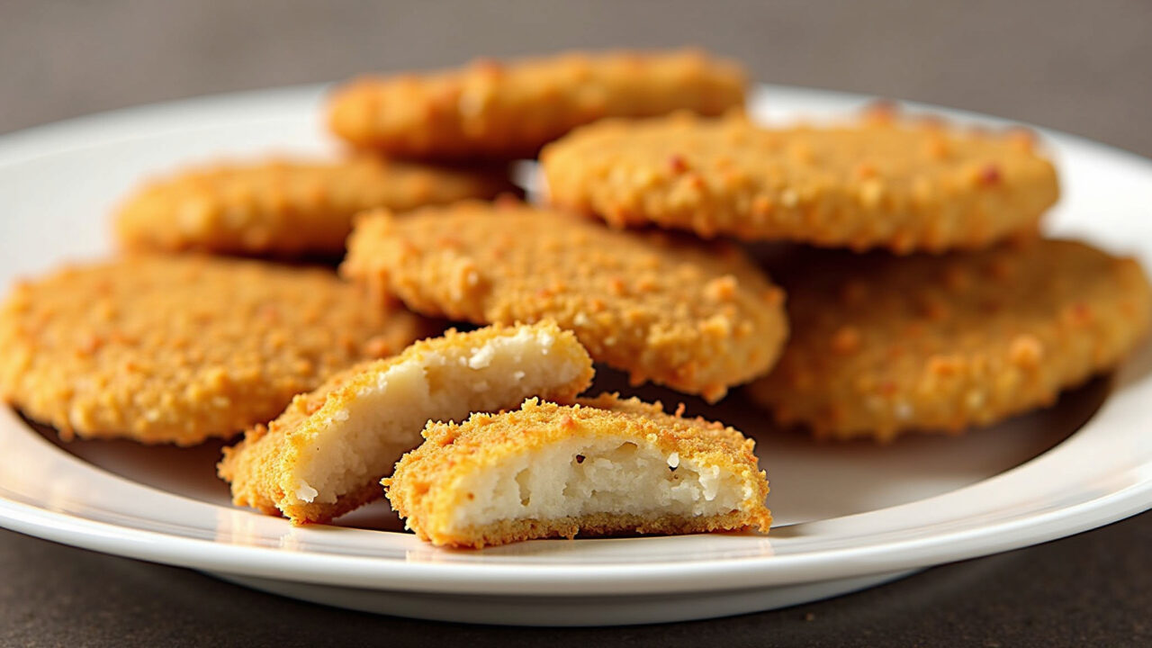 Crispy gluten-free maizena breaded chicken cutlets on a plate, golden brown, close-up, 8K quality, Empanados crocantes e sem glúten com Maizena.