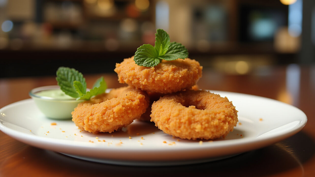 Crispy kibe frito on a plate with mint sauce, close-up, Brazilian bar setting, blurred background, Kibe frito crocante com molho de hortelã, petisco irresistível.