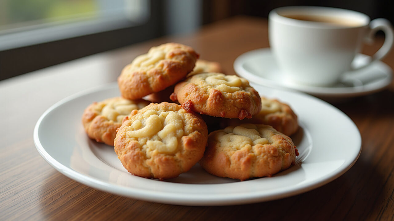 Crispy Nescau cookies, plate on a table, coffee cup, 8K, professional photography, sharp focus, Cookies de Nescau crocantes e saborosos.