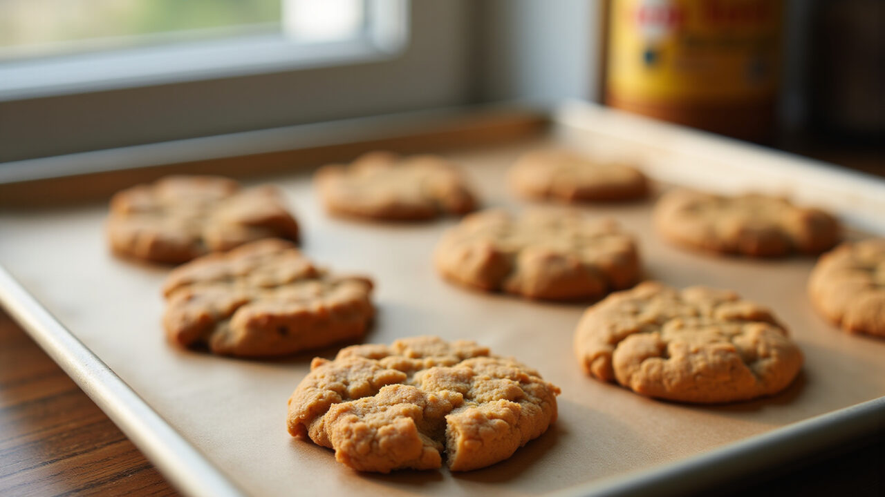 Crispy whey protein cookies on a baking sheet, golden brown, almond flour, peanut butter, natural Cookies crocantes de whey proteico